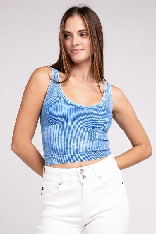 2 Way Neckline Washed Ribbed Cropped Tank Top (2 Color Options)
