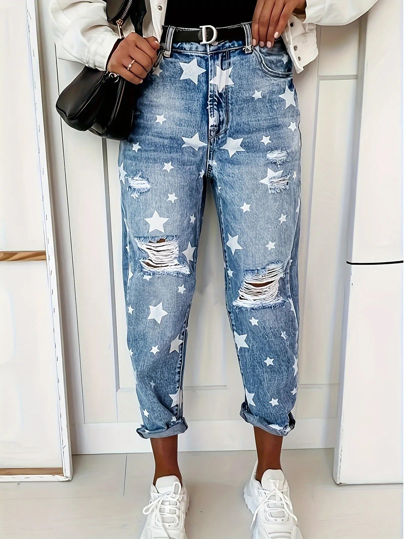 Star Print Distressed High Waist Boyfriend Jeans (2 Colors)