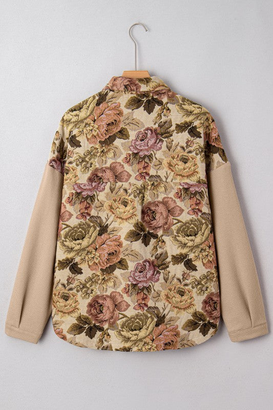 Floral Waffle Knit Patchwork Chest Pocket Buttoned