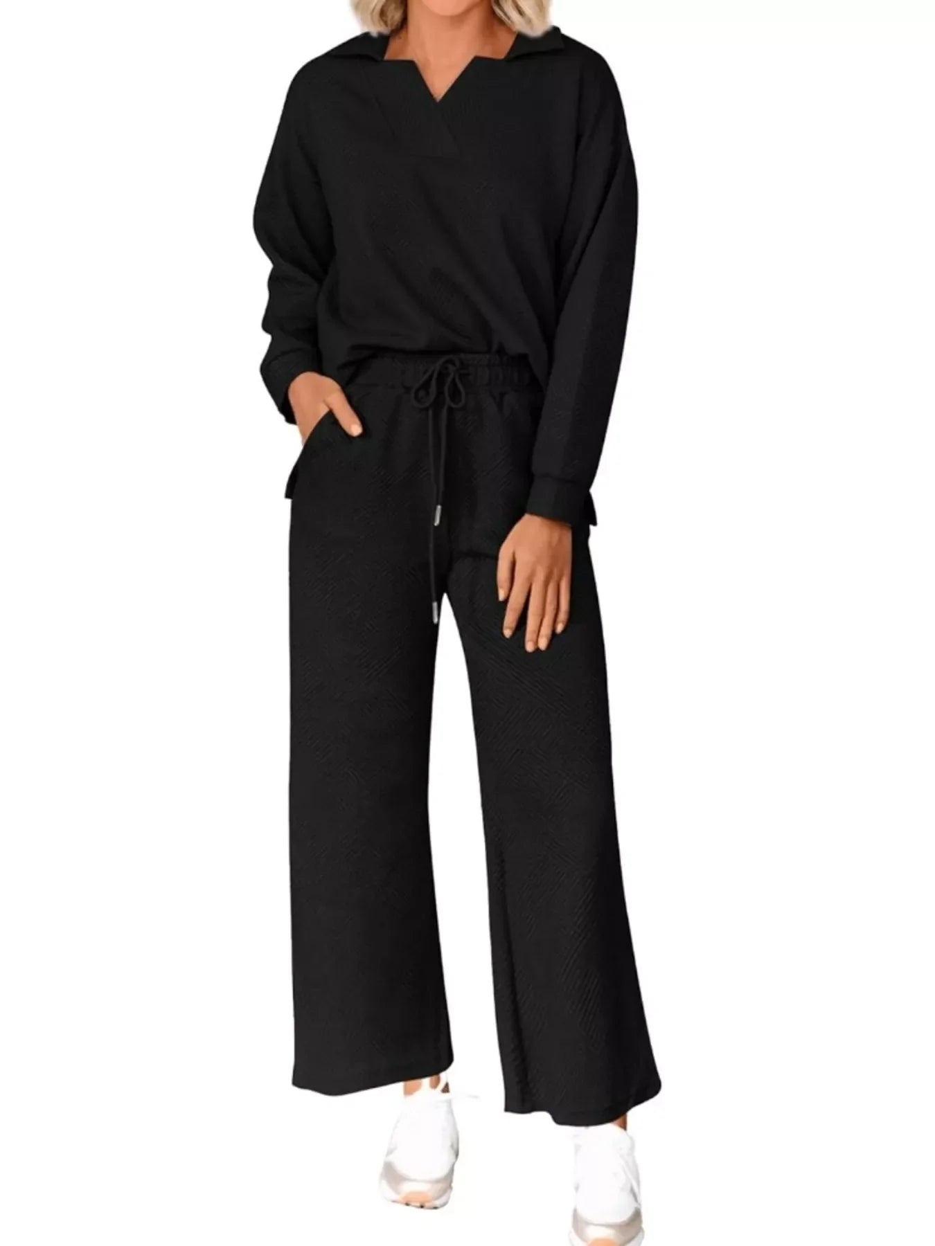 Side Slit Textured Top and Drawstring Pants Set (8 Colors)