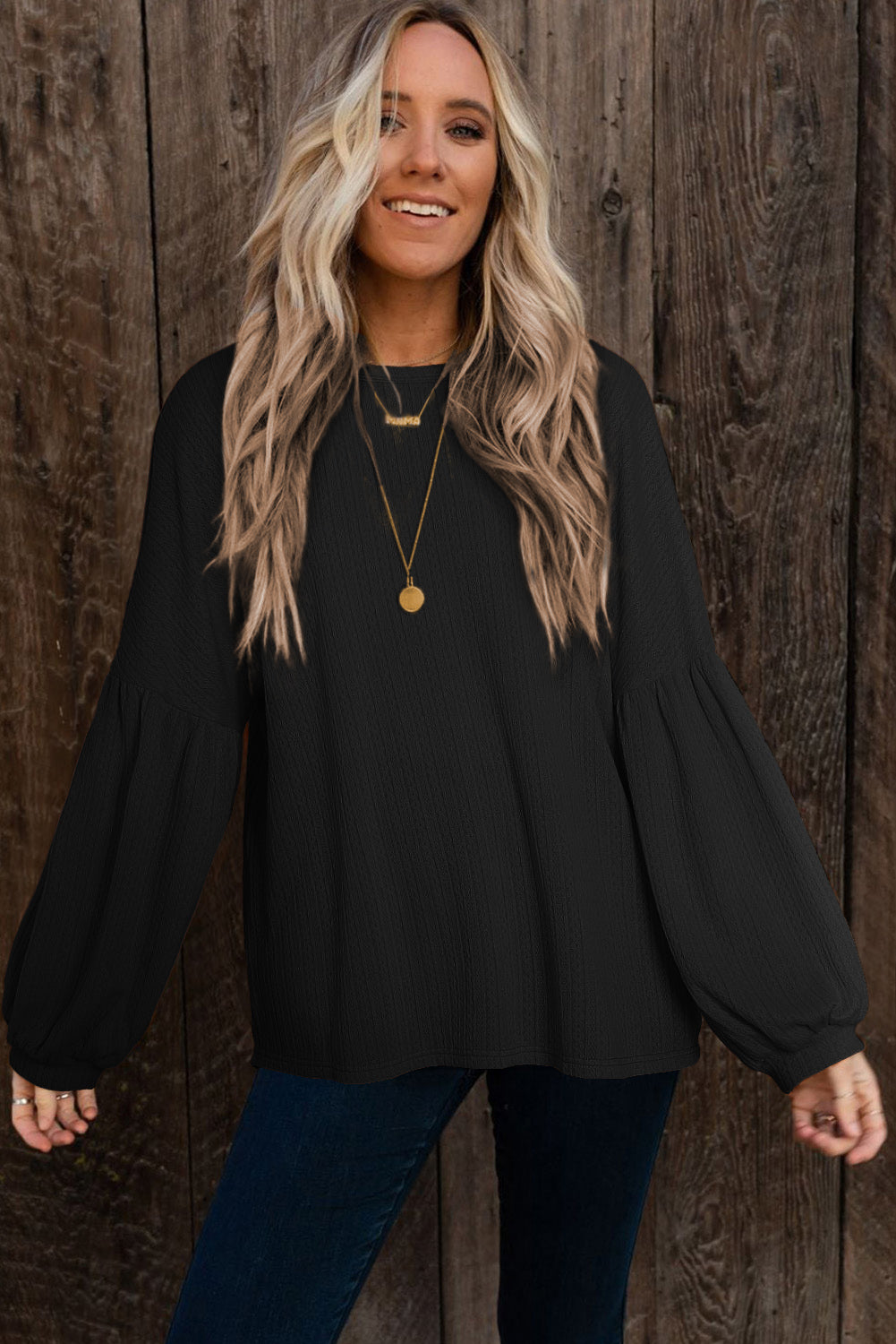 Black Faux Knit Jacquard Puffy Long Sleeve Top (3 Colors)