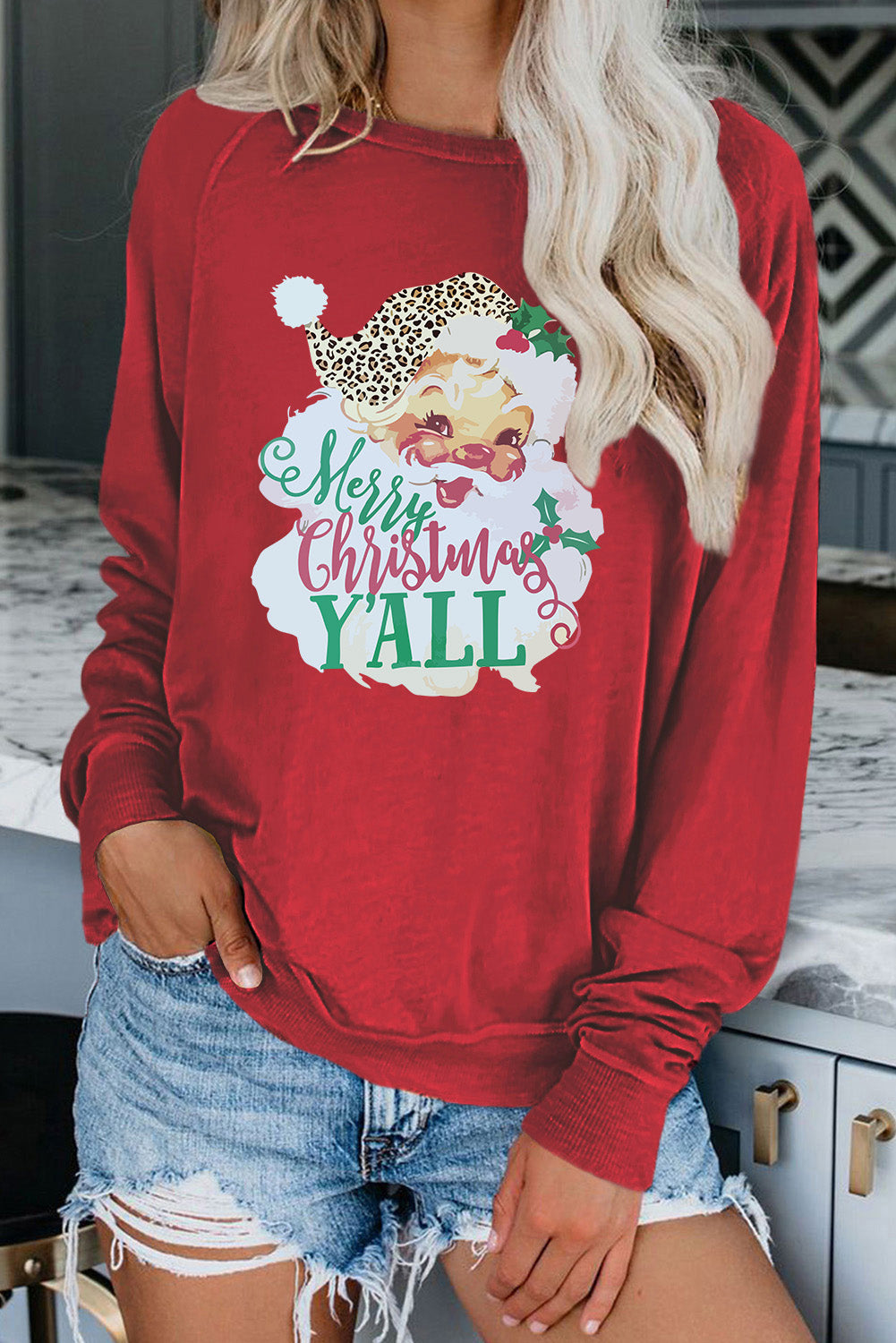 Red Merry Christmas Y'all Santa Claus Print Pullover Sweatshirt