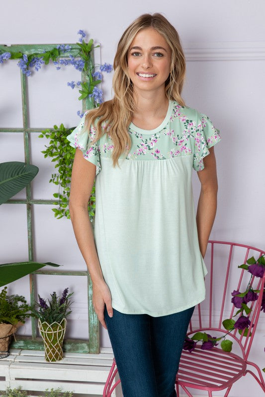 Plus Solid Floral Short Sleeve Spring Top