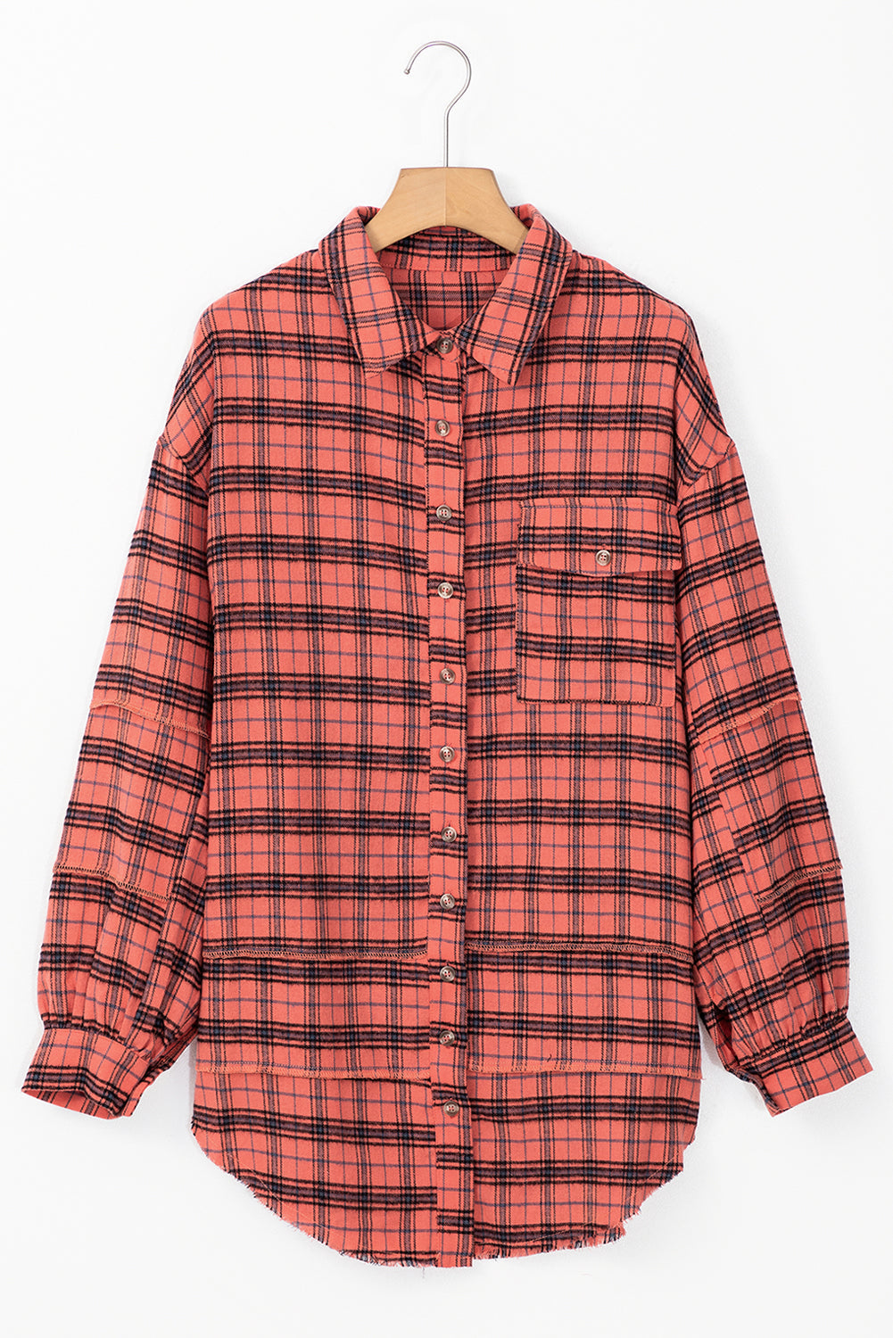 Red Plaid Long Sleeve Distressed Hem Shirt Shacket