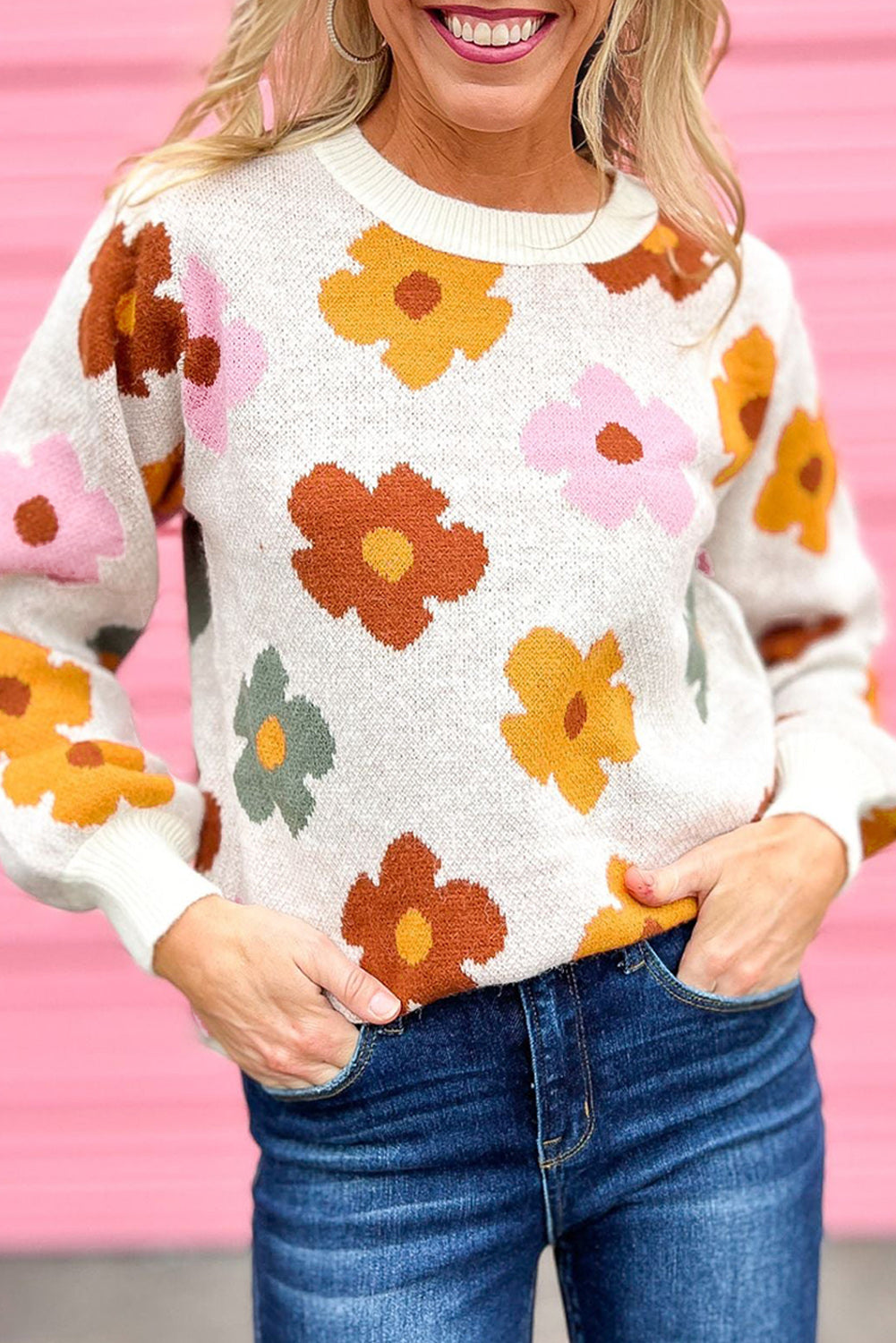 Pink Sweet Flower Knitted Ribbed Hem Sweater (3 Colors)
