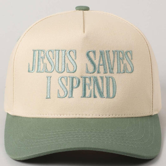 JESUS SAVES I SPEND Trucker Hat | Funny Christian Embroidered Hat | Two Tone Aesthetic Cap | Adjustable Snapback | Faith Statement Hat