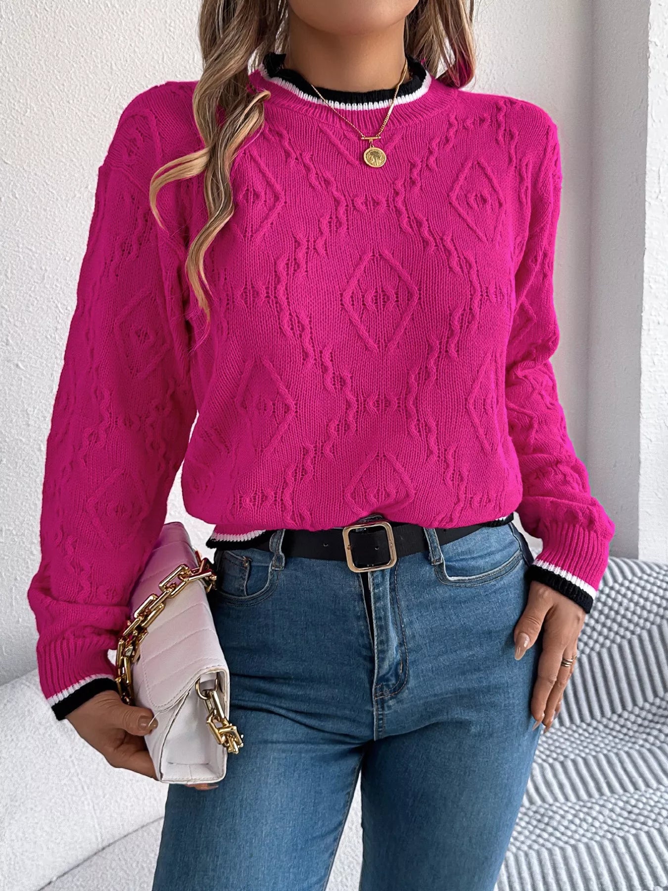 Contrast Trim Round Neck Sweater (3 Colors)