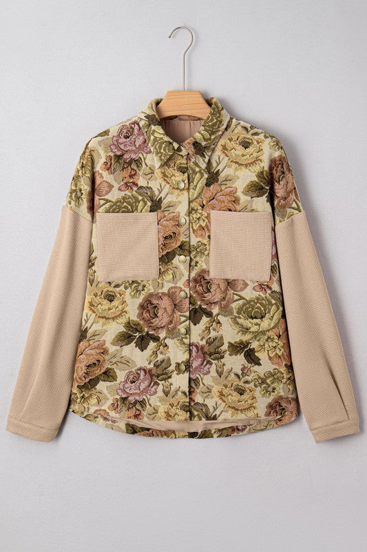 Floral Waffle Knit Patchwork Chest Pocket Buttoned