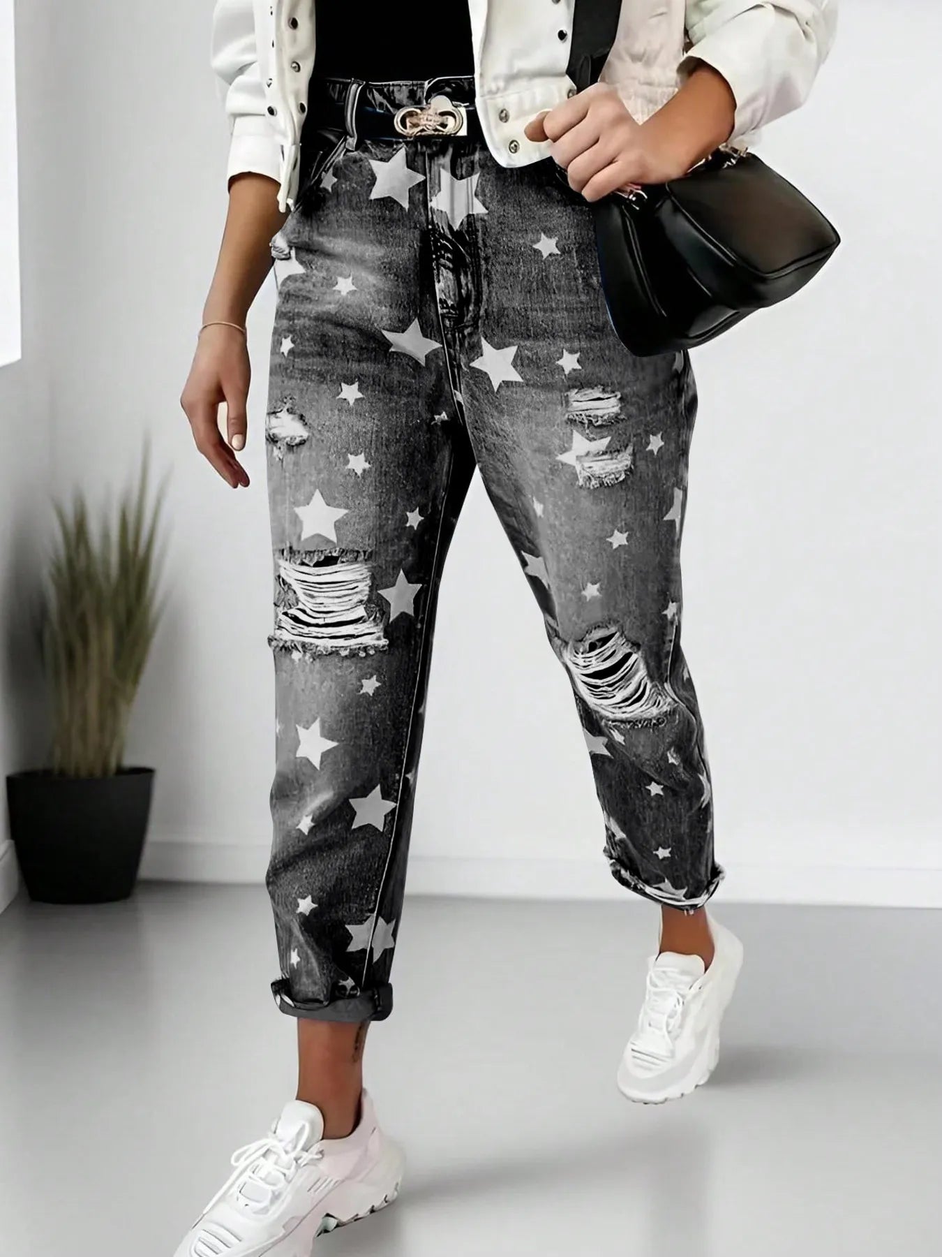Star Print Distressed High Waist Boyfriend Jeans (2 Colors)