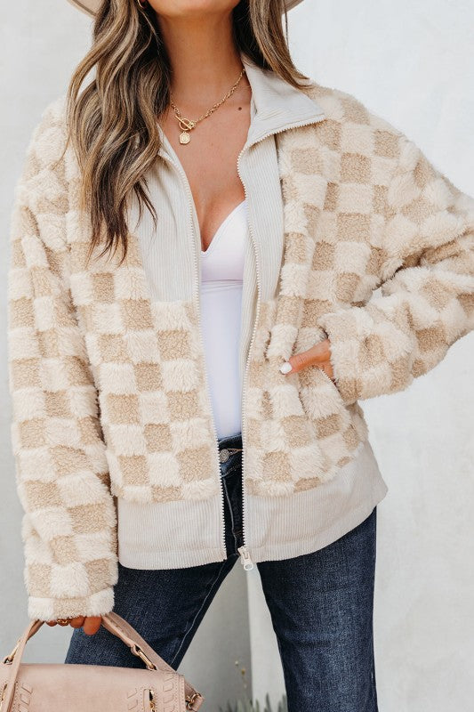 Checker Sherpa Corduroy Patchwork Zip-Up Jacket