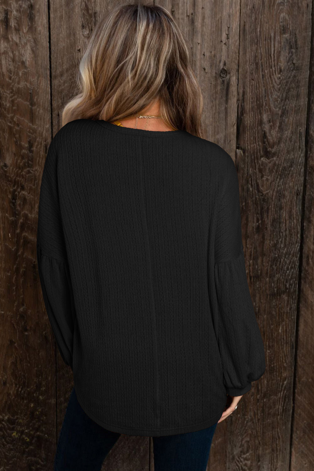 Black Faux Knit Jacquard Puffy Long Sleeve Top (3 Colors)