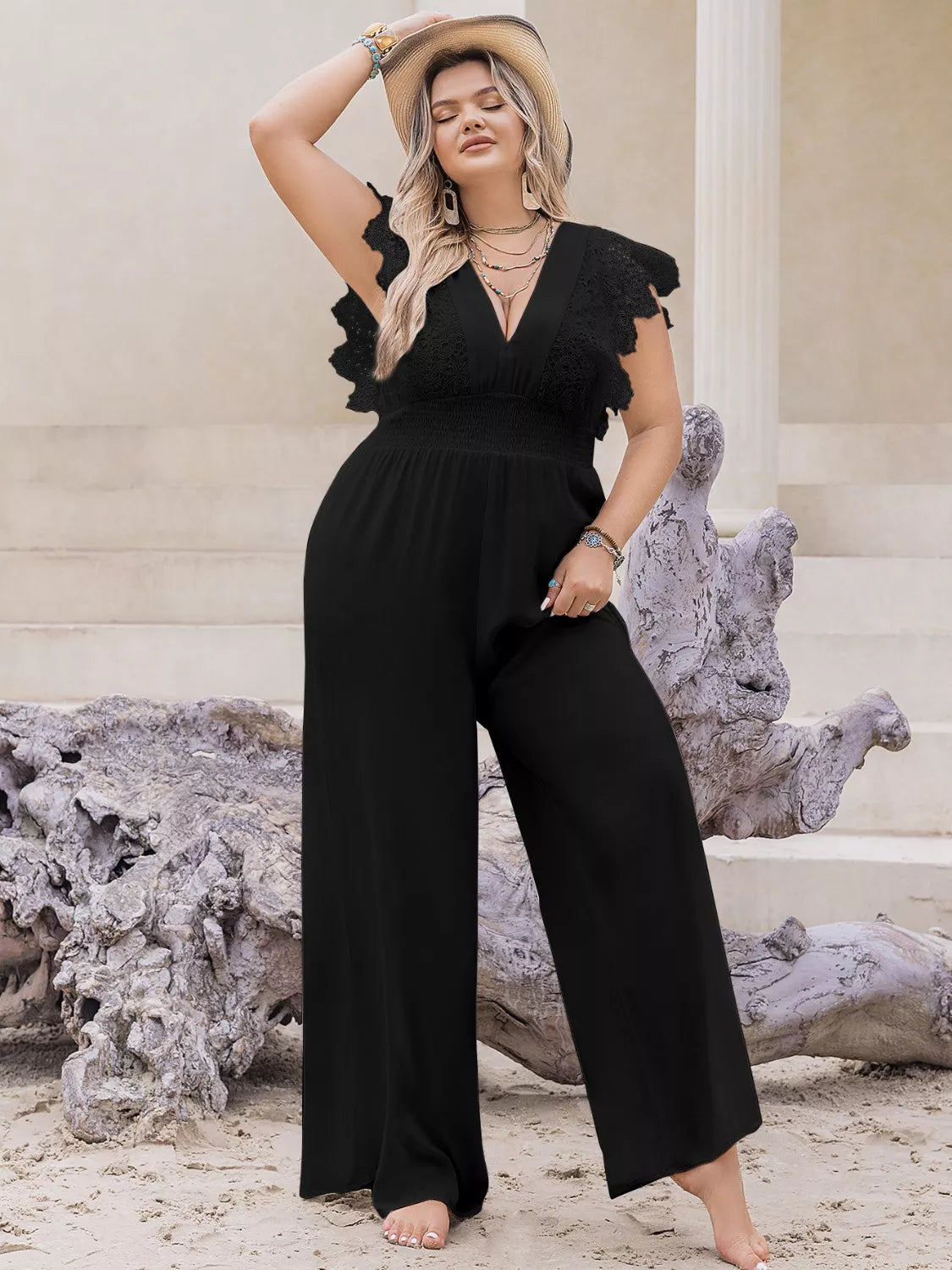 Lace Cap Sleeve Wide Leg Jumpsuit