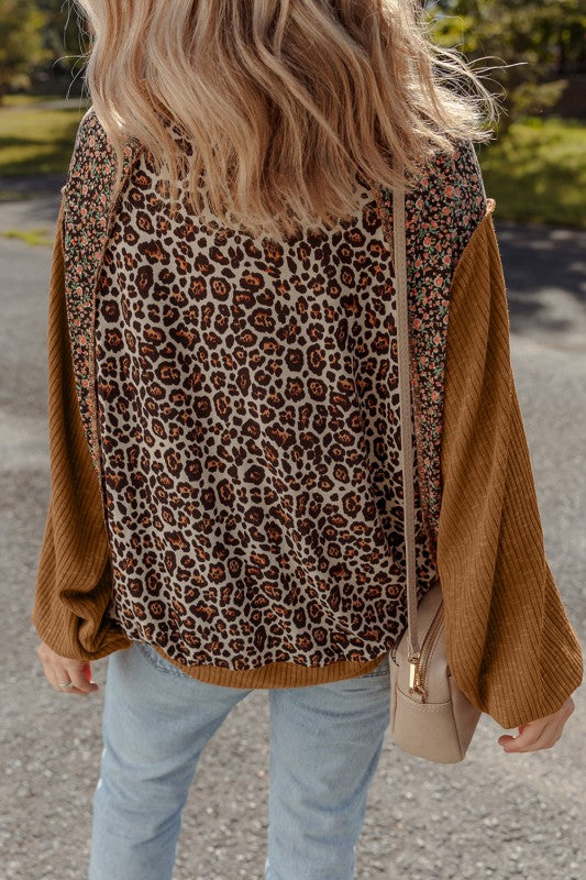 Leopard Floral Patchwork Ribbed Puff Sleeve Top