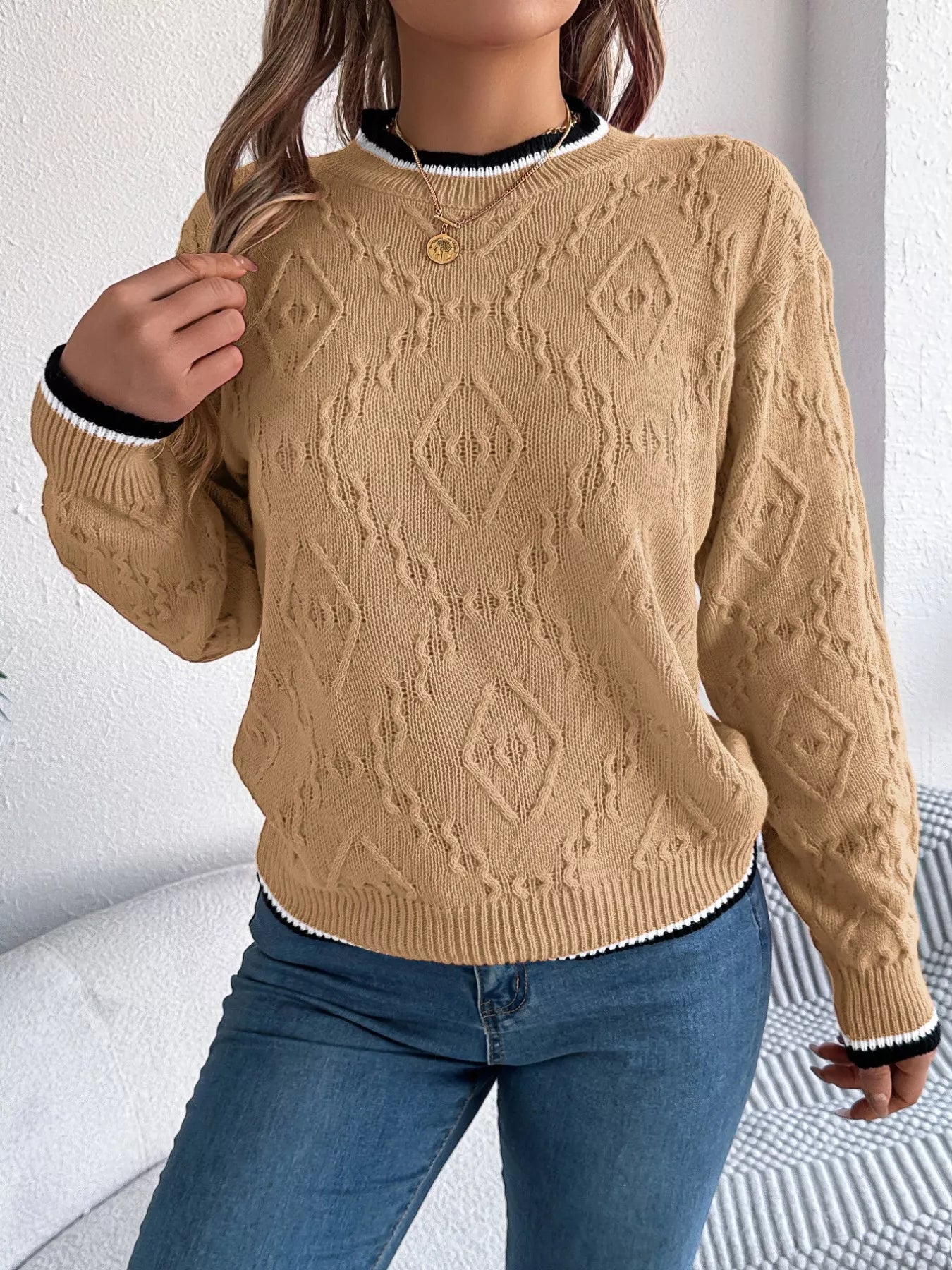 Contrast Trim Round Neck Sweater (3 Colors)