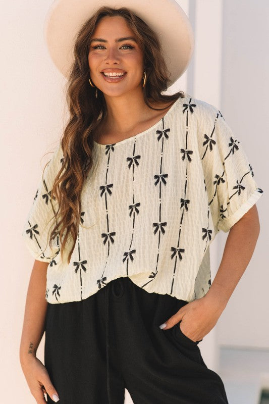 Aviana Bow Print Puff Short Sleeve Top