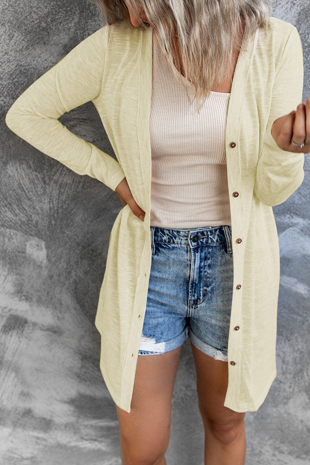 Beige Solid Color Open-Front Buttons Cardigan (6 Colors)