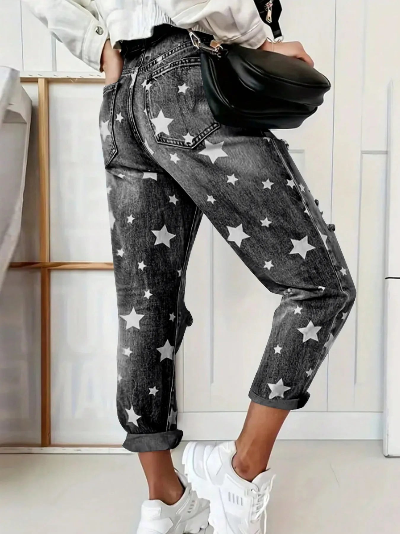 Star Print Distressed High Waist Boyfriend Jeans (2 Colors)