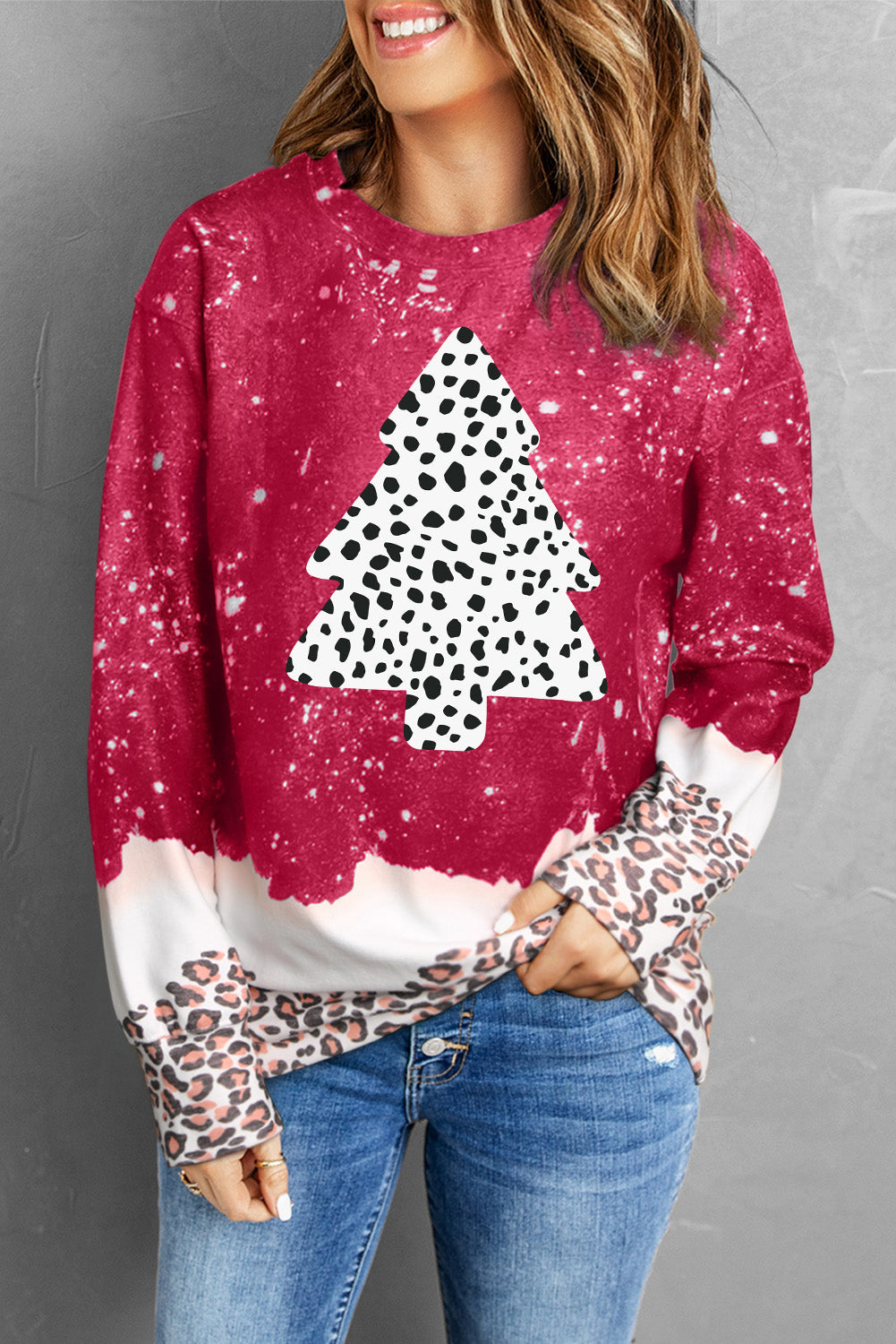 Red Leopard Christmas Tree Print Loose Fit Sweatshirt
