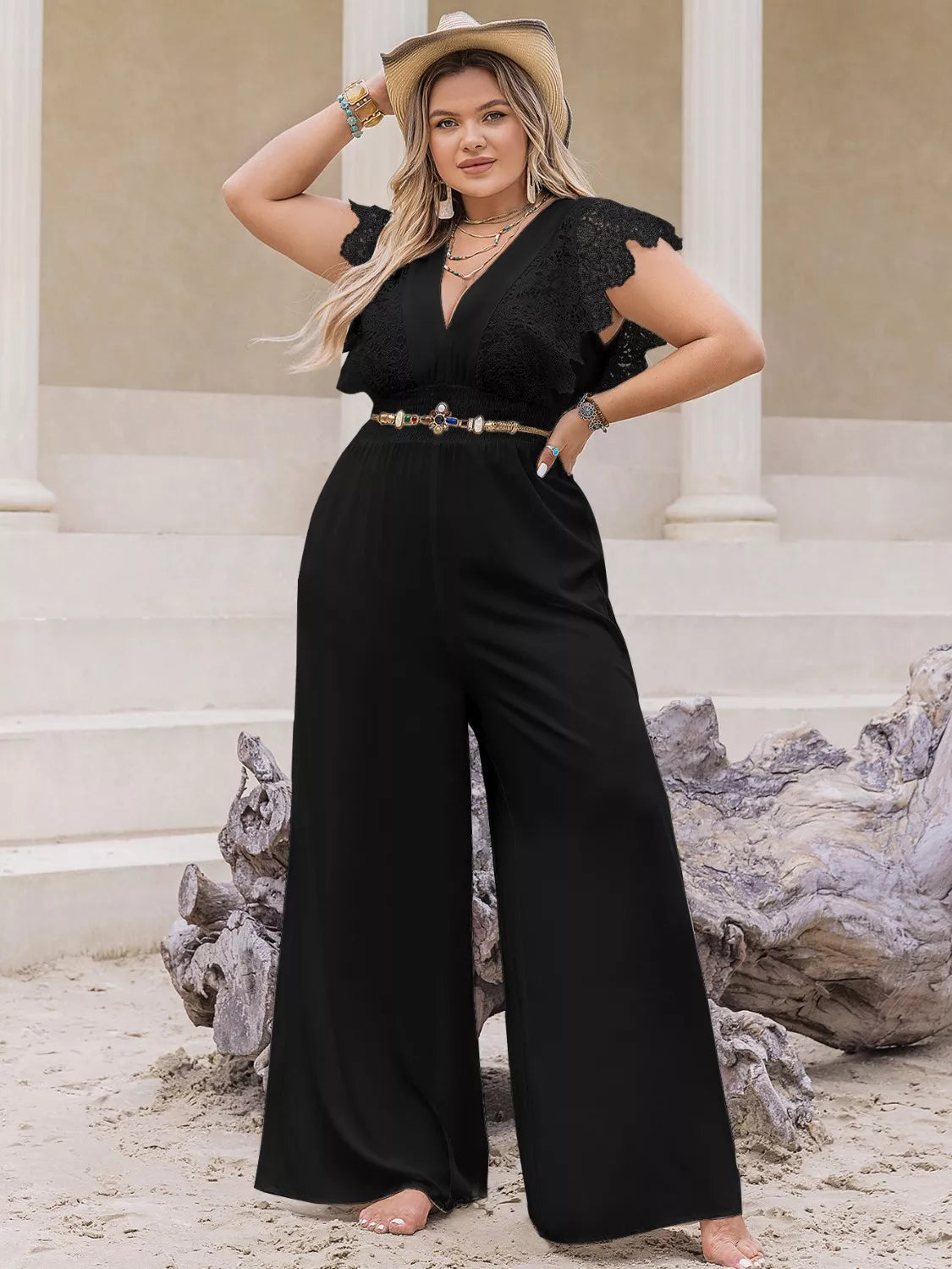 Lace Cap Sleeve Wide Leg Jumpsuit