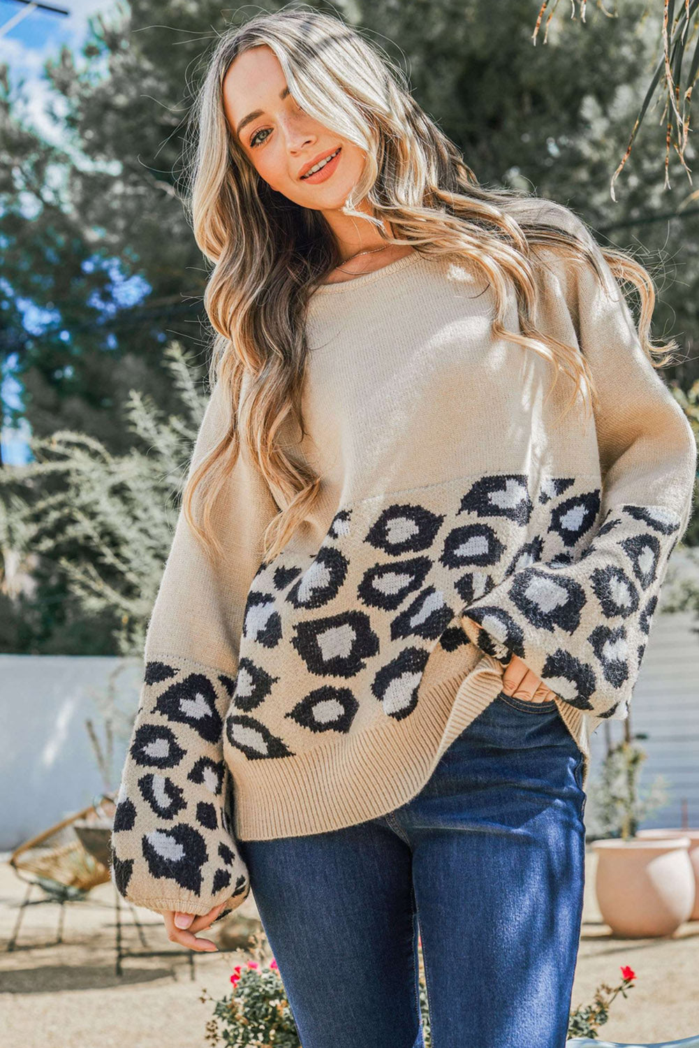 Khaki Leopard Patchwork Knitted Puff Sleeve Sweater