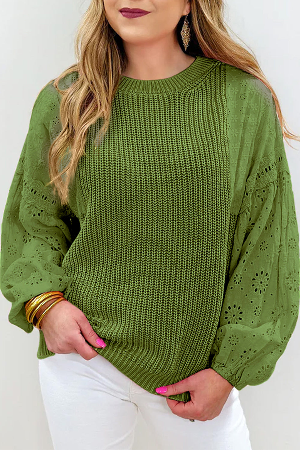 Green Eyelet Drop Shoulder Patchwork Pullover Sweater