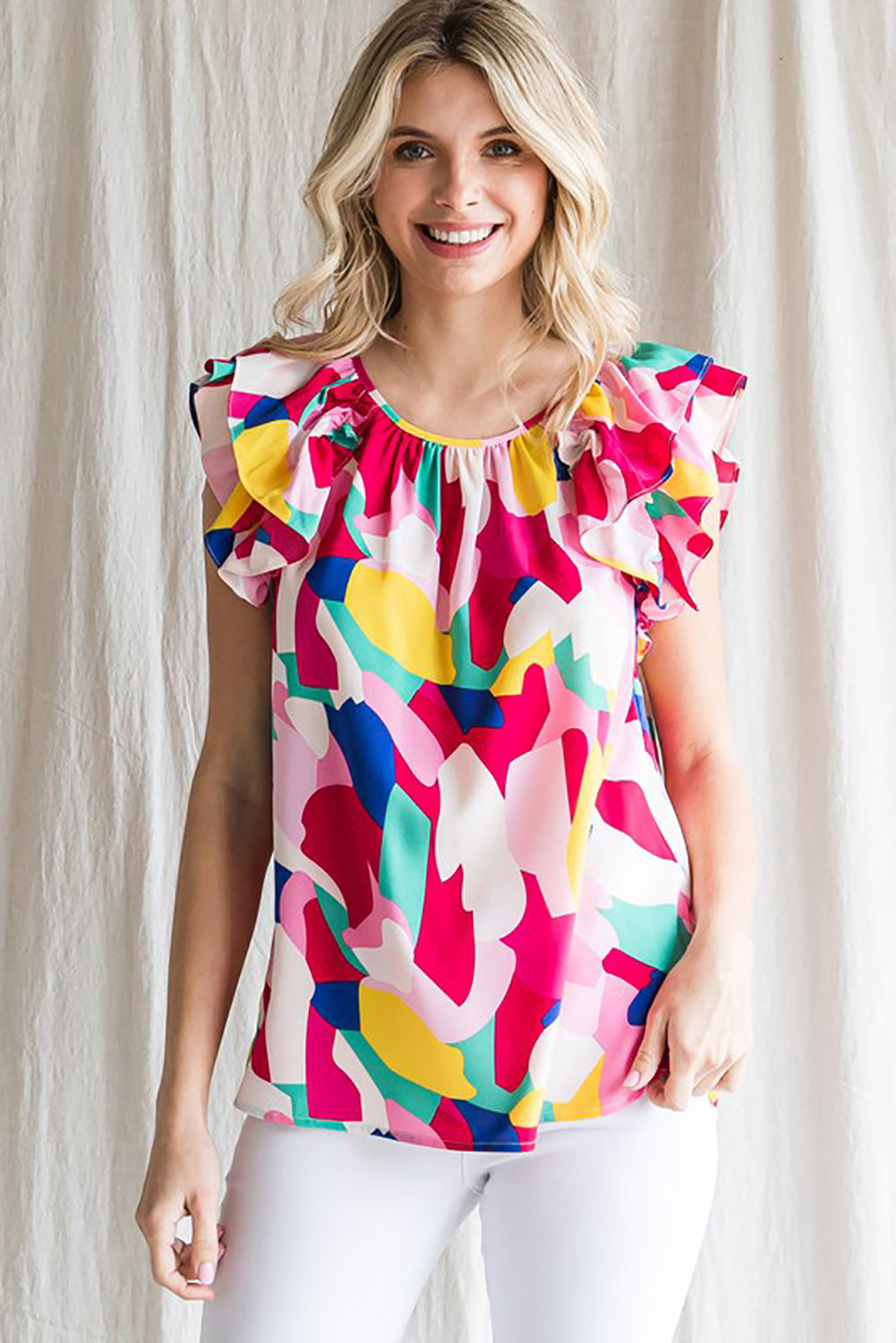Multicolor Abstract Pattern Ruffle Short Sleeves Blouse (3 Colors)