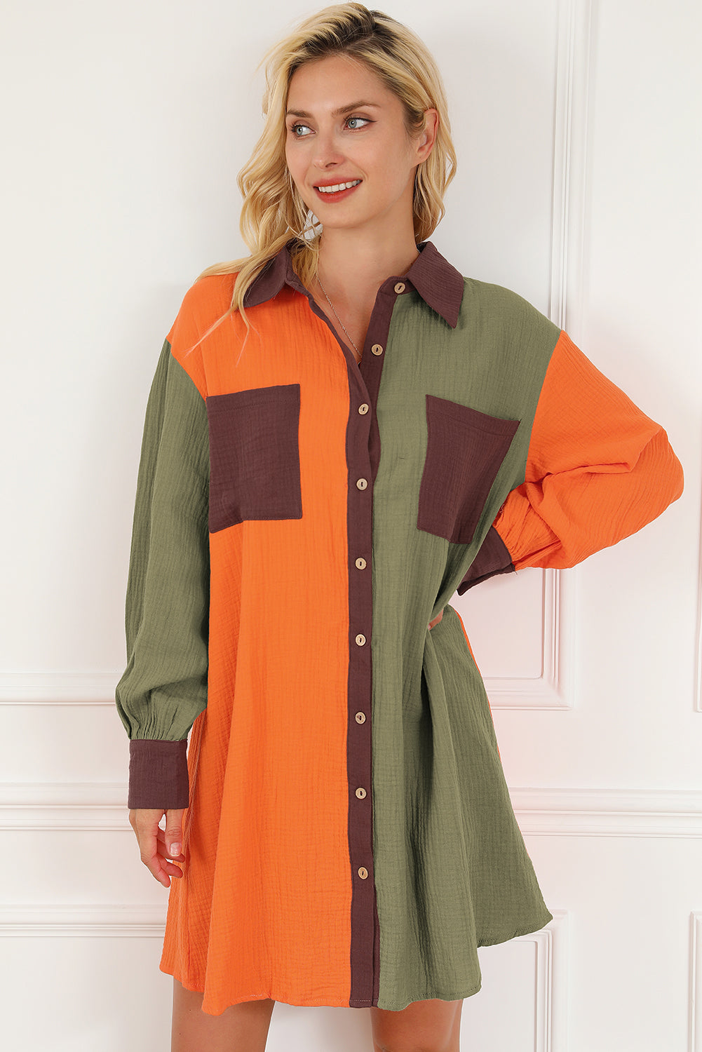 Brown Oversized Colorblock Crinkle Textured Shirt Dress