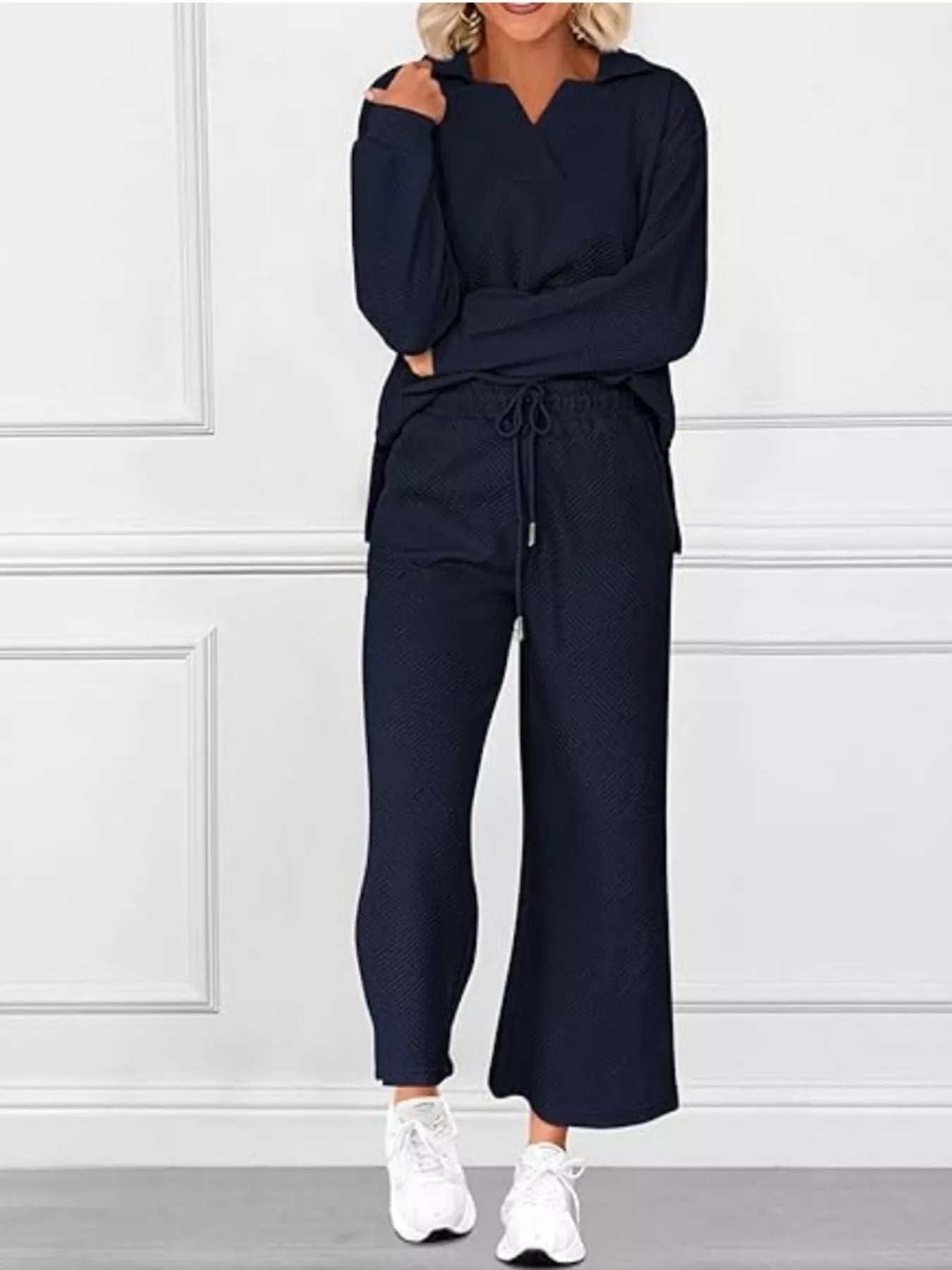 Side Slit Textured Top and Drawstring Pants Set (8 Colors)