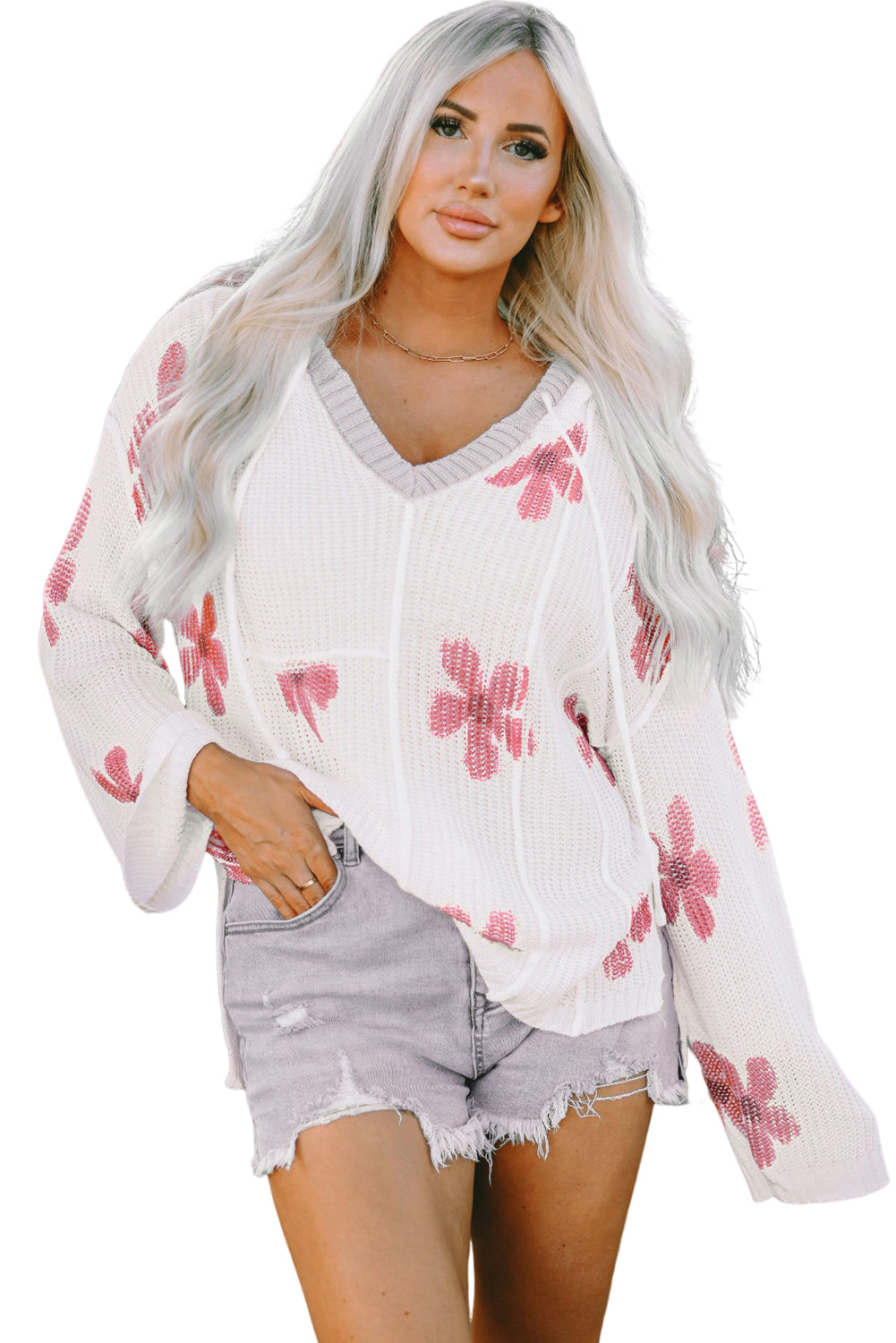 Floral Print Lightweight Knit Hooded Sweater (2 Colors)