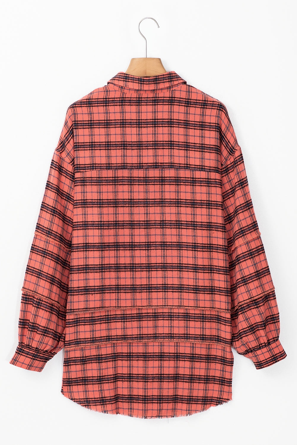 Red Plaid Long Sleeve Distressed Hem Shirt Shacket