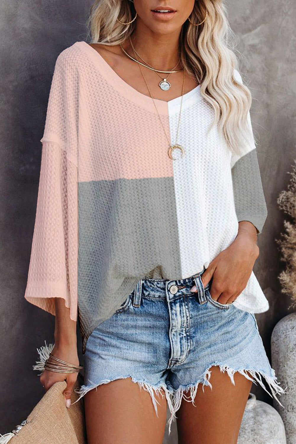 Multicolor Waffle Colorblock Long Sleeve Oversized Top