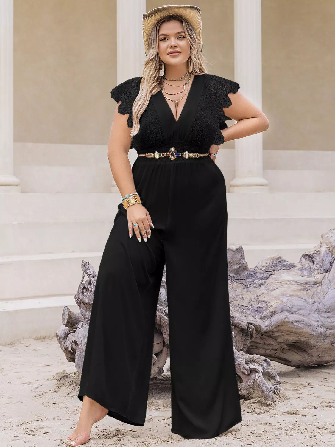 Lace Cap Sleeve Wide Leg Jumpsuit