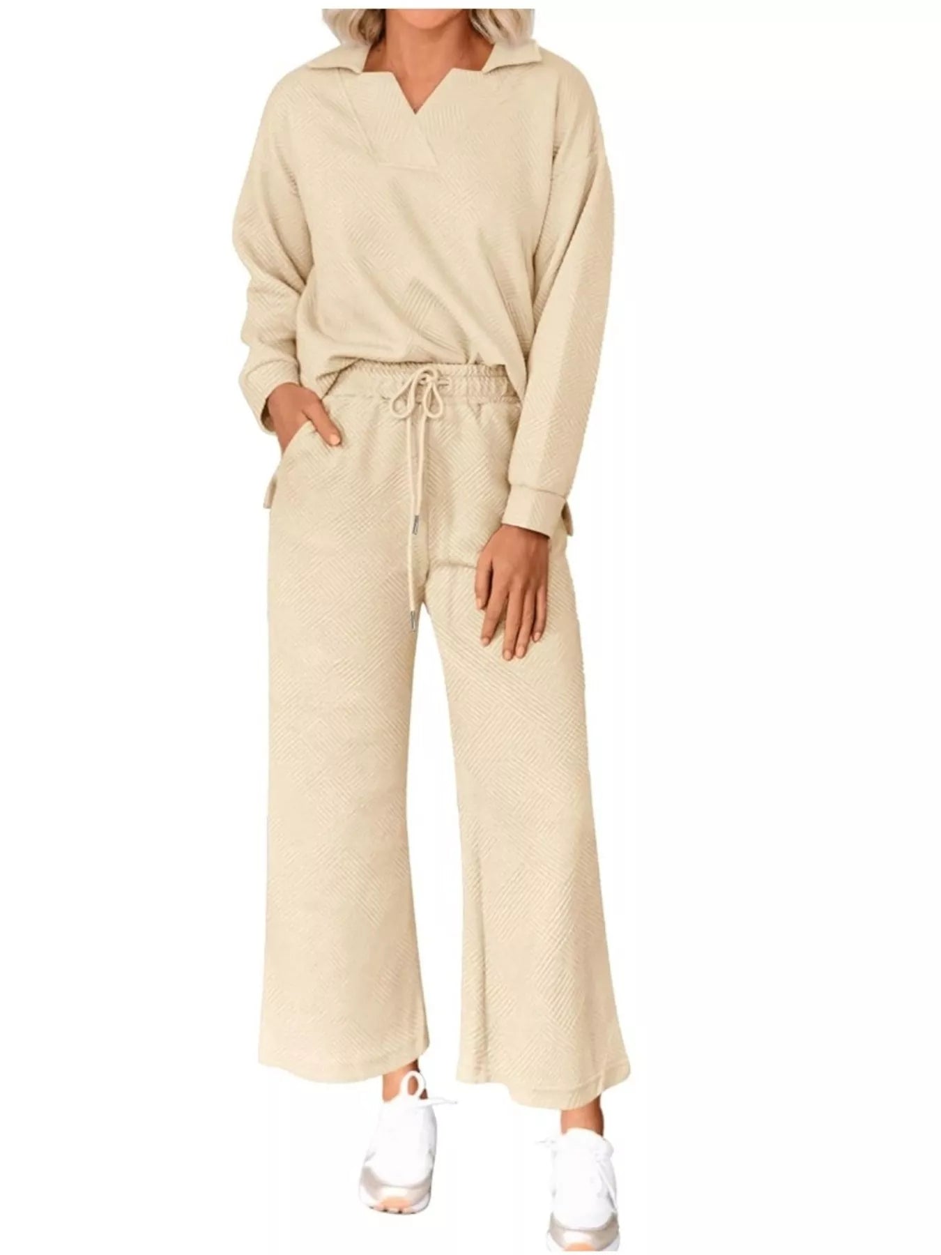 Side Slit Textured Top and Drawstring Pants Set (8 Colors)