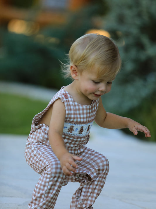 Christmas Vintage-Style Plaid Embroidered Gingerbread and Bows Boy Romper