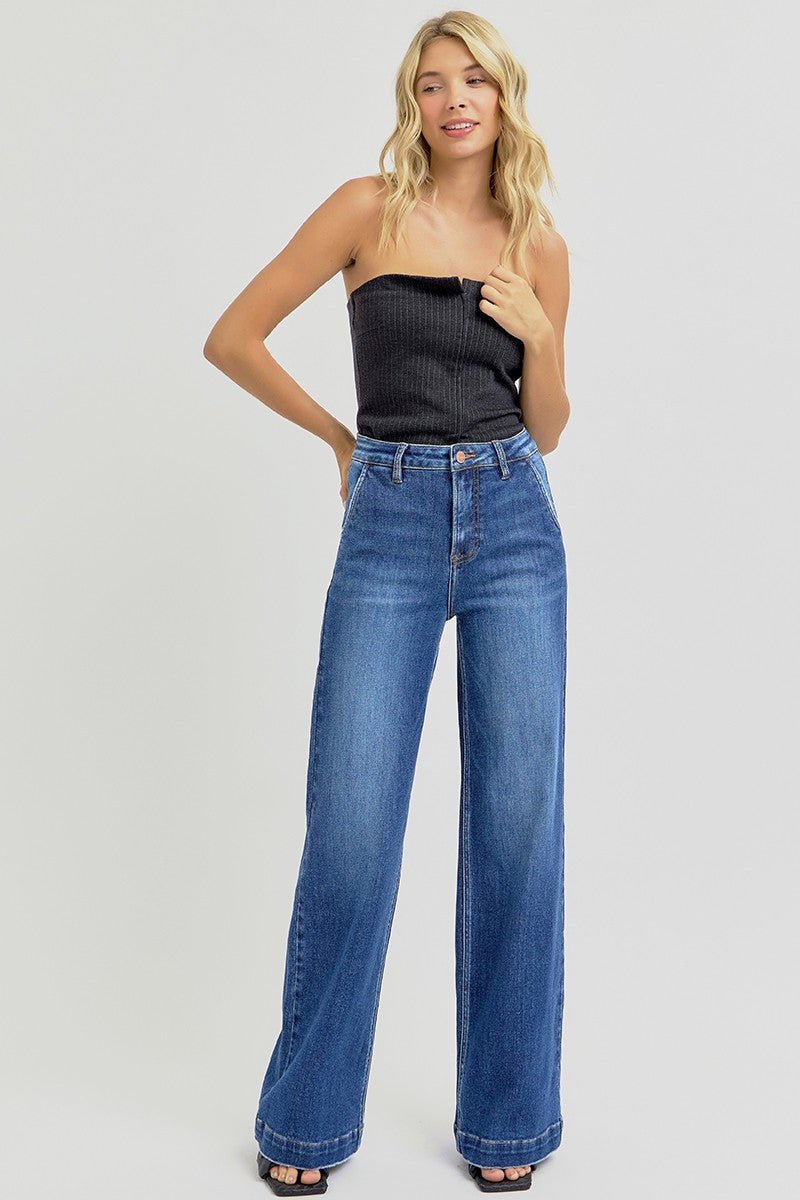 Risen High Rise Wide Leg Slanted Pocket Jeans