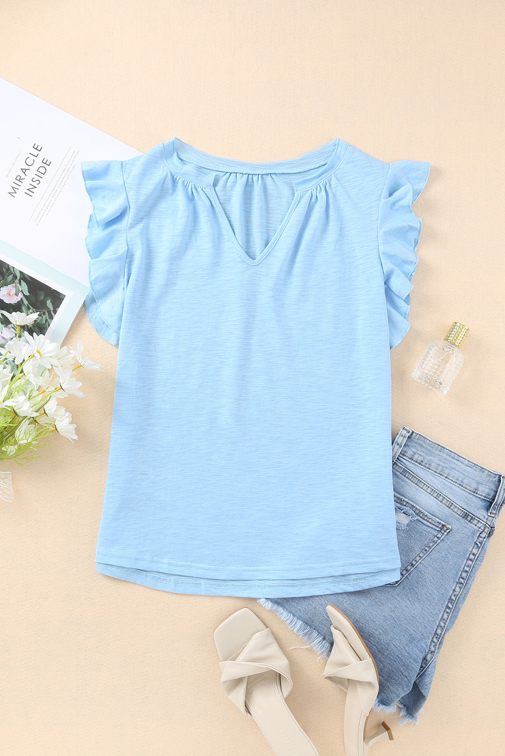 Casual Solid V Neck Butterfly Sleeve Top (6 Colors)