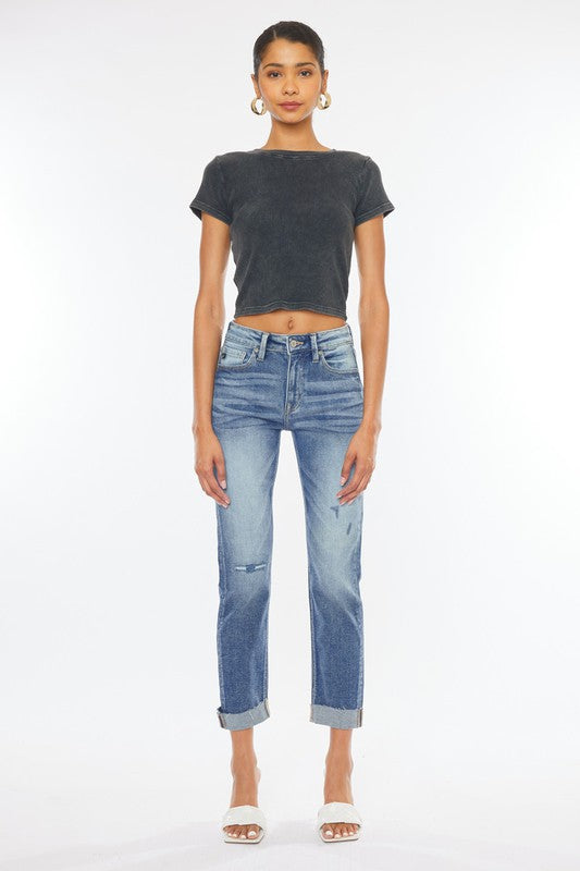 Kan Can-High rise cuffed slim straight jeans