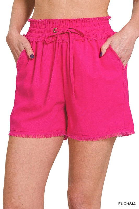Linen frayed hem drawstring shorts with pockets (6 Colors)