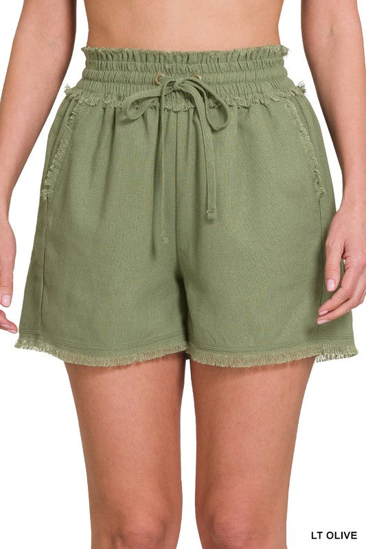 Linen frayed hem drawstring shorts with pockets (6 Colors)