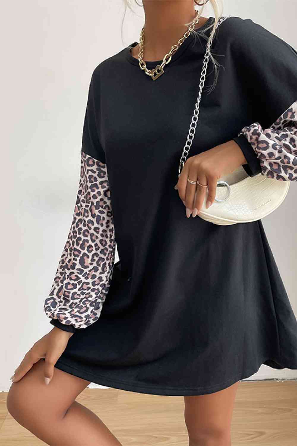 Leopard Print Sleeve Sweatshirt Dress
