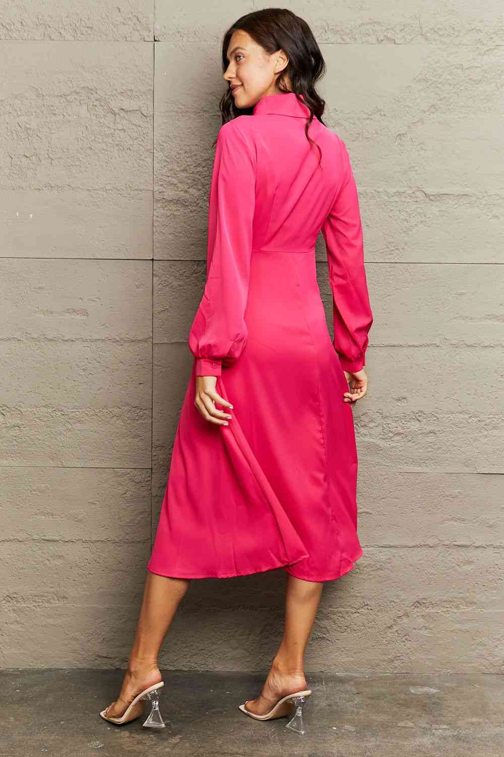 Collared Neck Long Sleeve Twisted Midi Dress (2 colors)