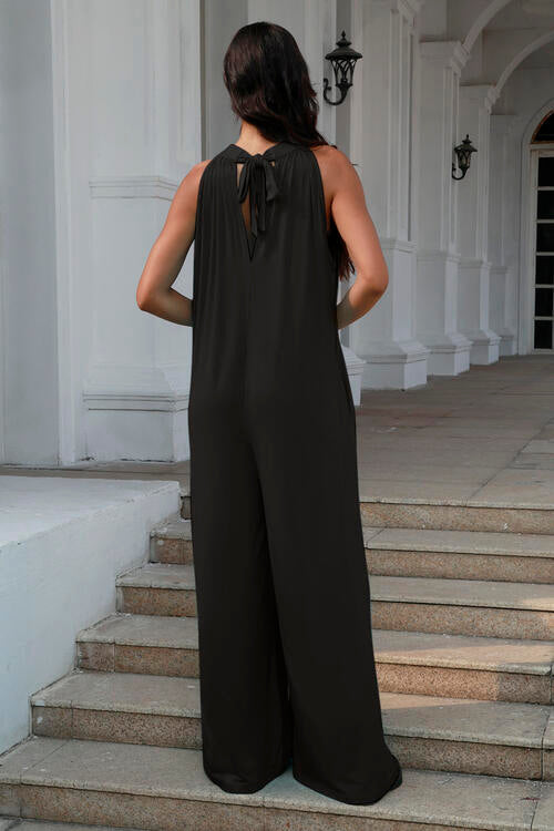 Double Take Full Size Tie Back Cutout Sleeveless Jumpsuit (3 Colors)