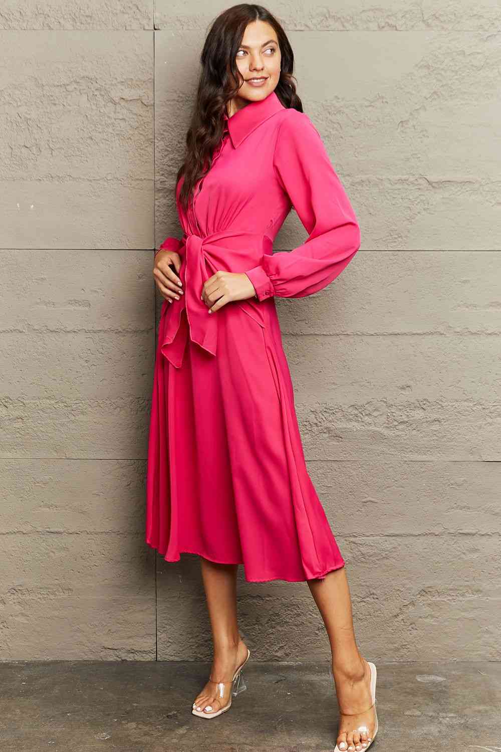 Collared Neck Long Sleeve Twisted Midi Dress (2 colors)