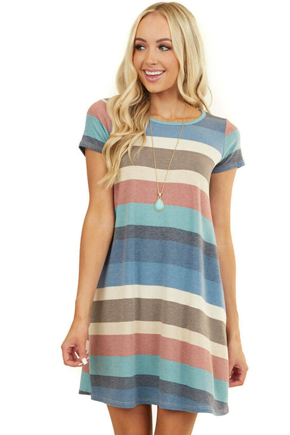 Multicolor Striped Pocket T Shirt Dress (Multiple Colors)
