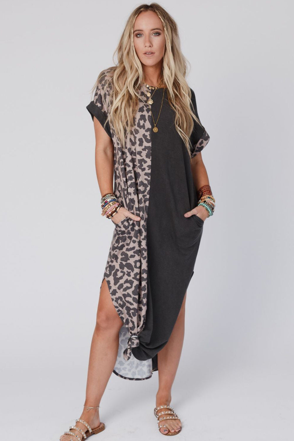 Contrast Solid Leopard Short Sleeve T-shirt Dress with Slits (3 Colors)