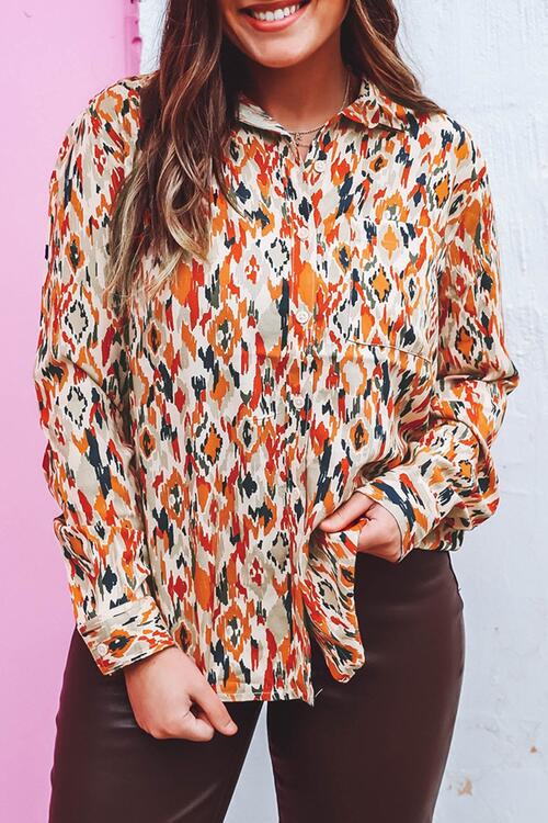 Plus Size Printed Collared Neck Button Front Shirt with Pocket