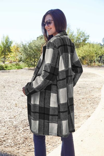 Double Take Full Size Plaid Button Up Lapel Collar Coat (8 Colors)
