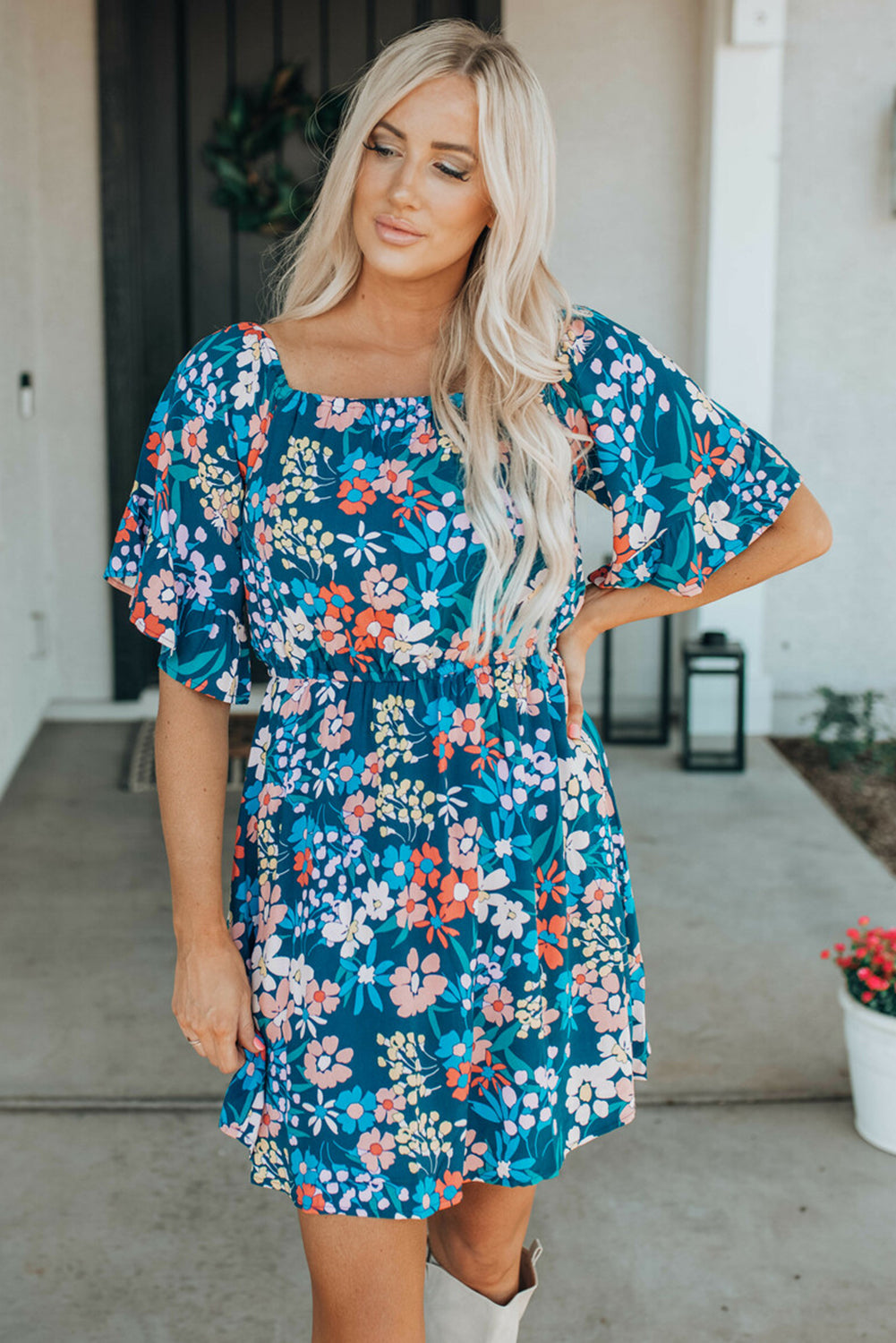 Square Neck Ruffle Floral Dress