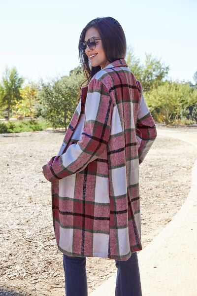 Double Take Full Size Plaid Button Up Lapel Collar Coat (8 Colors)