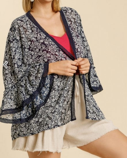Floral Print Long Bell Sleeve Lace Trimmed Open Front Kimono
